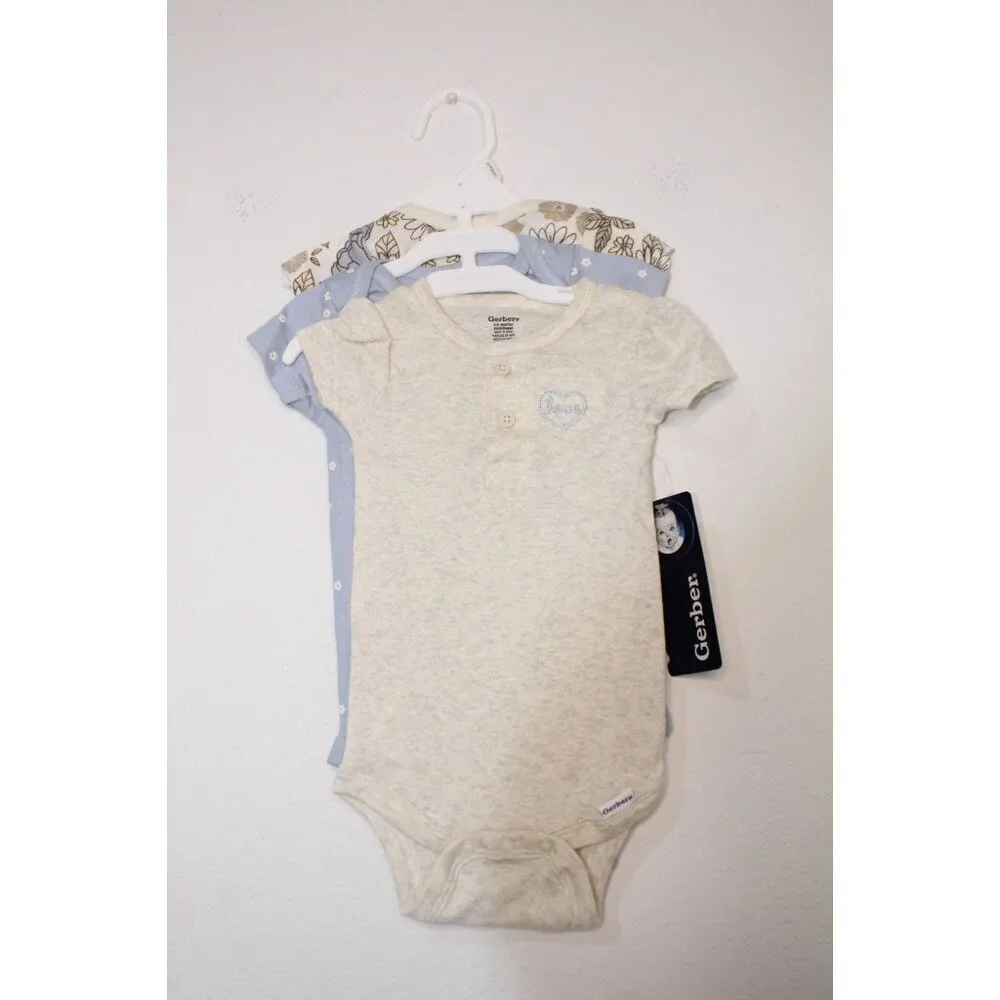 Gerber Onesies 3 Pack Girls 3-6 months Cream Brown Blue Buttons Short Sleeve NWT